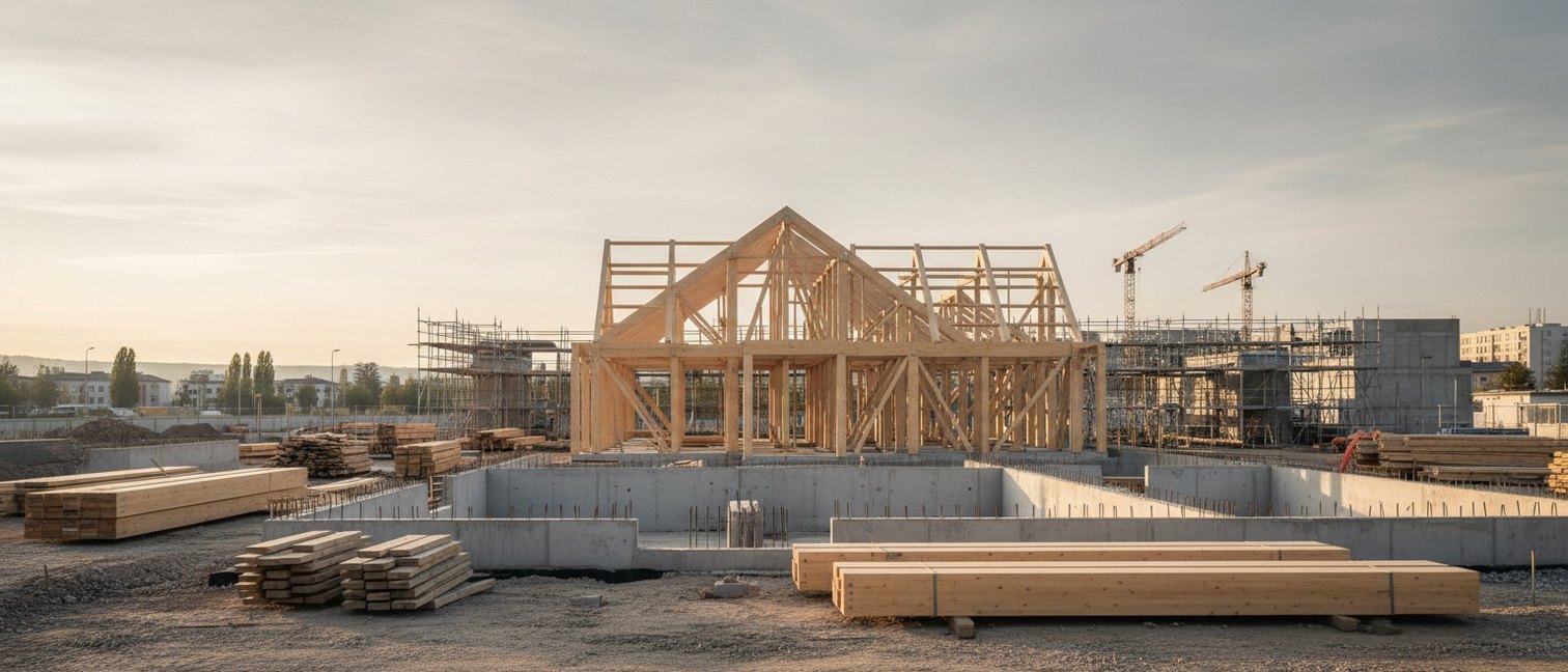 Chantier de construction bas-carbone avec structure bois